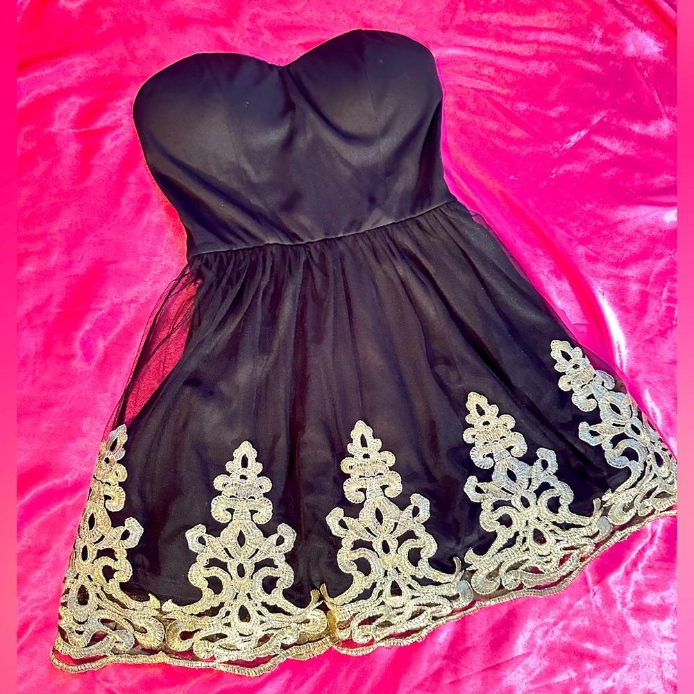 Strapless Black Dress with Gold Embroidery